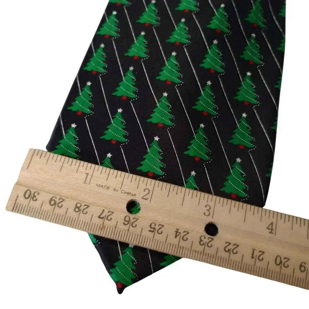 Holidays Mens Christmas Tree Silk Necktie Black Green Festive Winter Seasonal